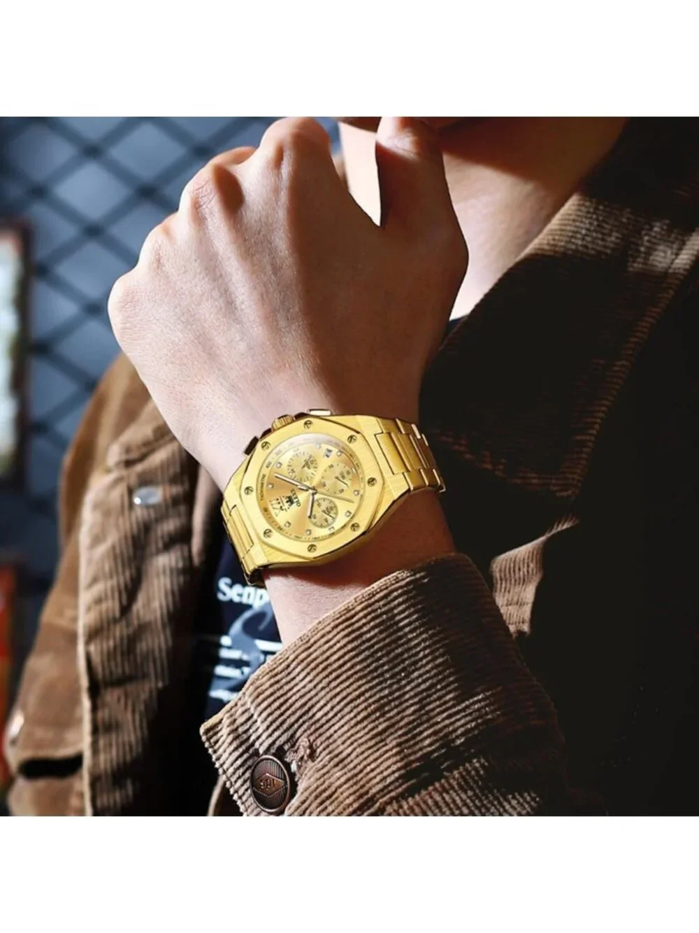 Men's Gold Luxury Stainless Octagon Analog Quartz Chronograph Waterproof Watch